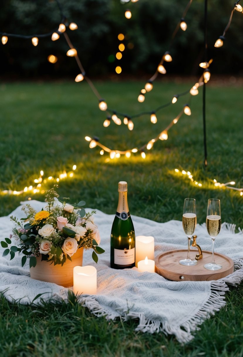 A cozy outdoor picnic with a blanket spread out on the grass, surrounded by candles and fairy lights, with a bottle of champagne and a bouquet of flowers as 6th wedding anniversary celebration