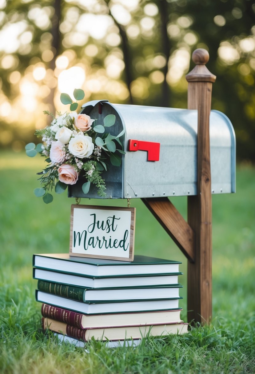 A rustic mailbox adorned with flowers and a "Just Married" sign, surrounded by a stack of wedding books