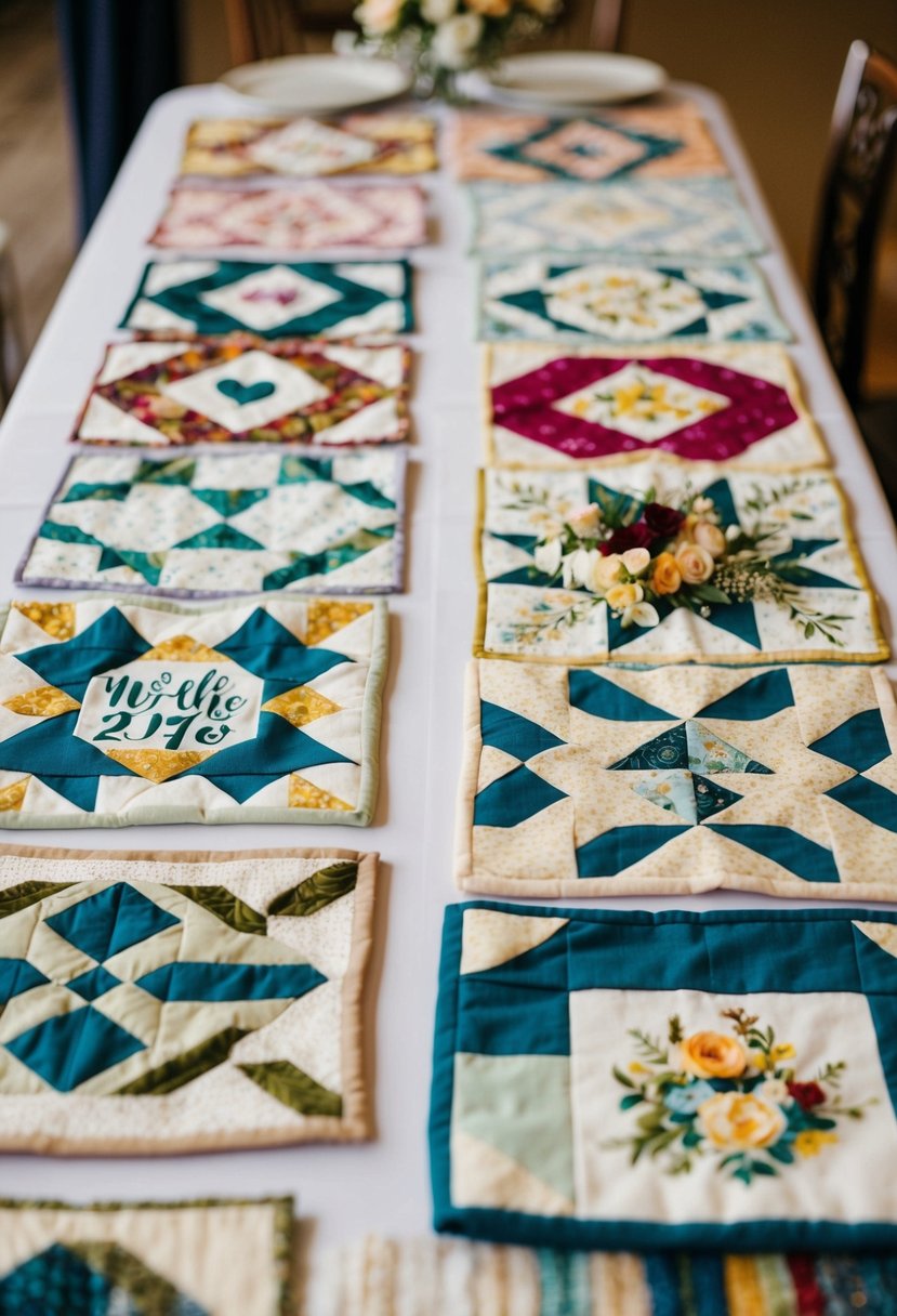 A table with various quilt squares laid out, each displaying unique wedding-themed designs and patterns