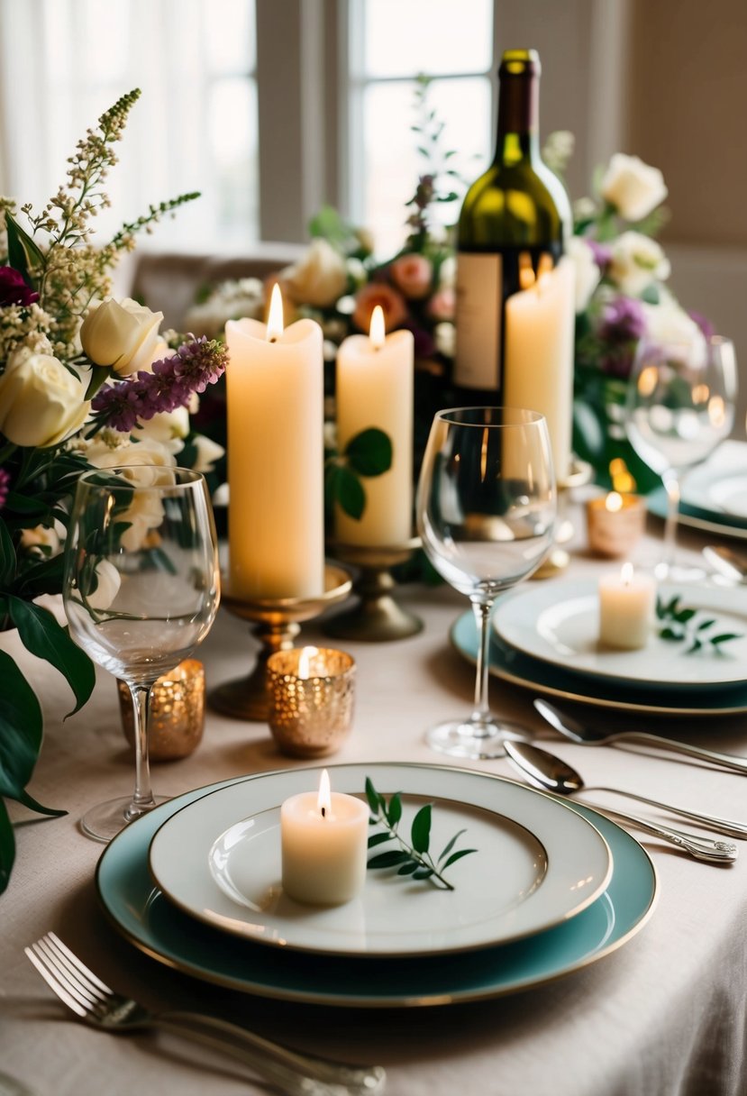 A table set with candles, flowers, and elegant dinnerware. Wine glasses and a bottle of wine. Soft, warm lighting