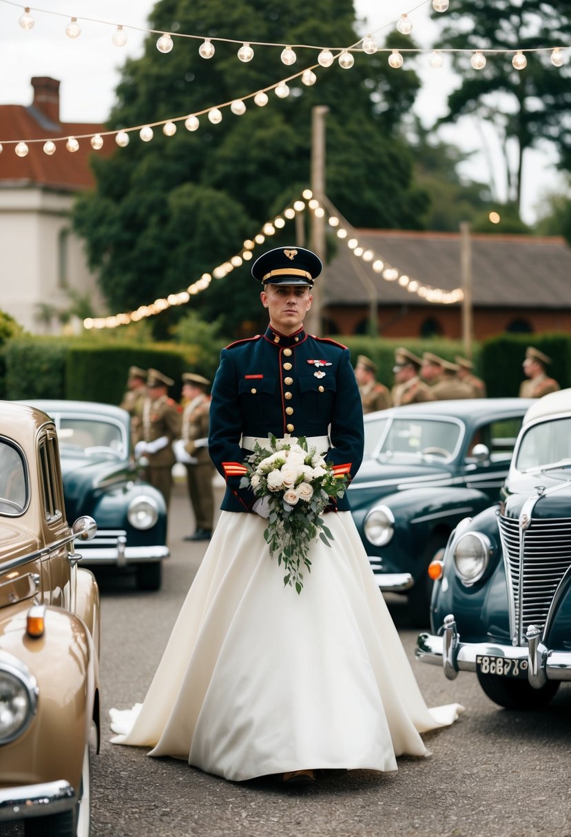 A vintage-inspired wedding with soldiers in uniform, classic cars, and 1940s decor