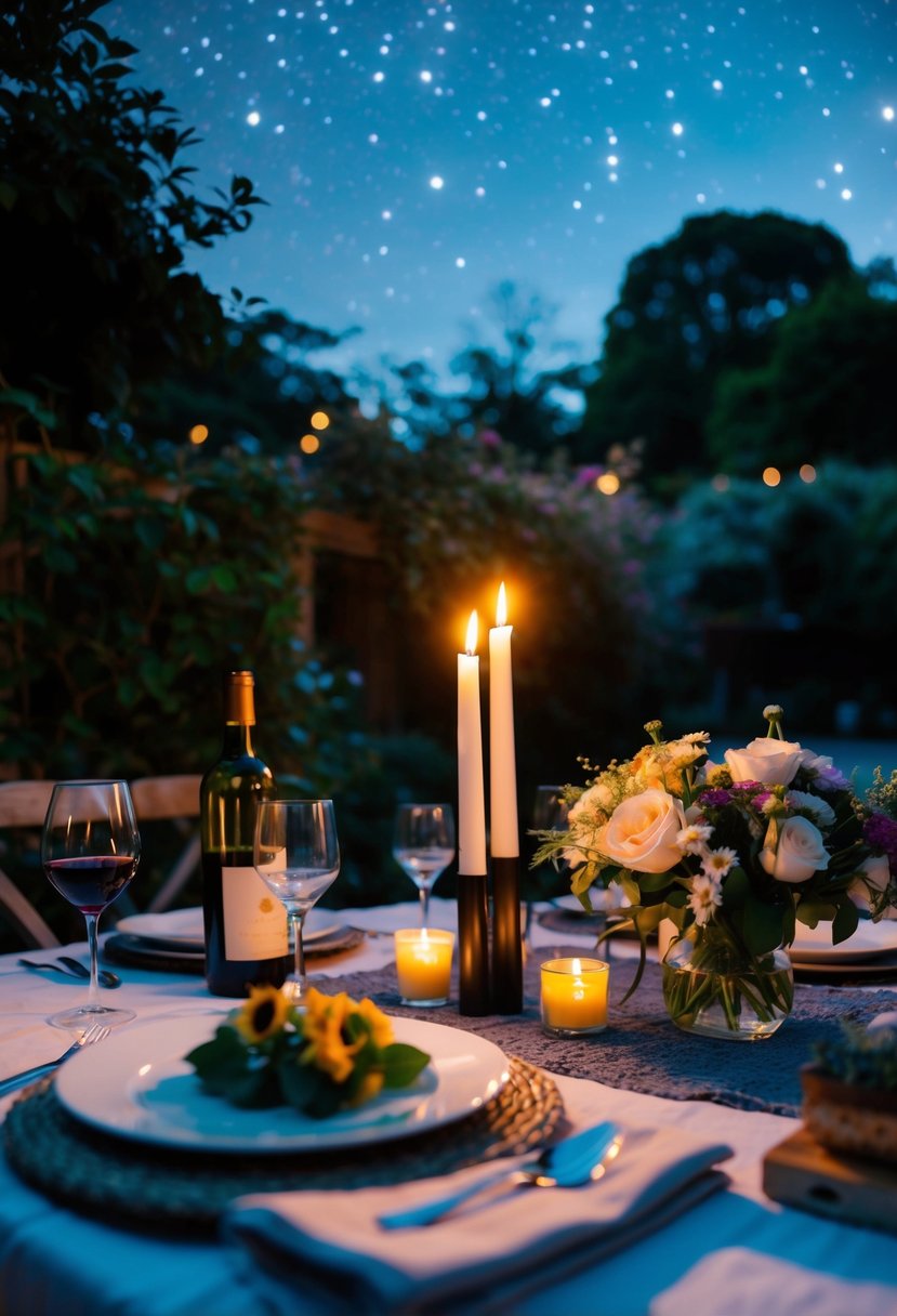 A candlelit dinner under a starry sky in a cozy garden with a bottle of wine and a bouquet of flowers on the table