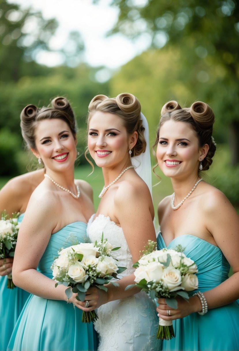 Brides and bridesmaids with Victory Rolls hairstyles pose in vintage-inspired wedding attire