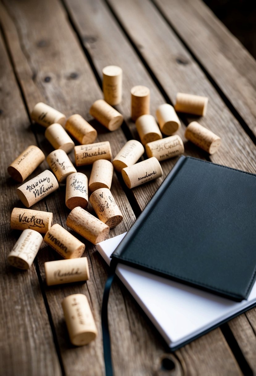 A rustic wooden table with scattered wine corks, each signed with well-wishes, next to a blank wedding guest book