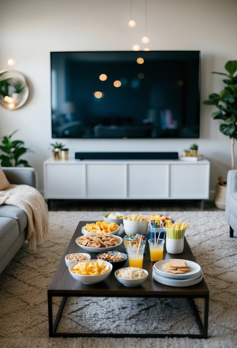 A cozy living room with a large screen TV, soft blankets, and a spread of snacks and drinks on a coffee table