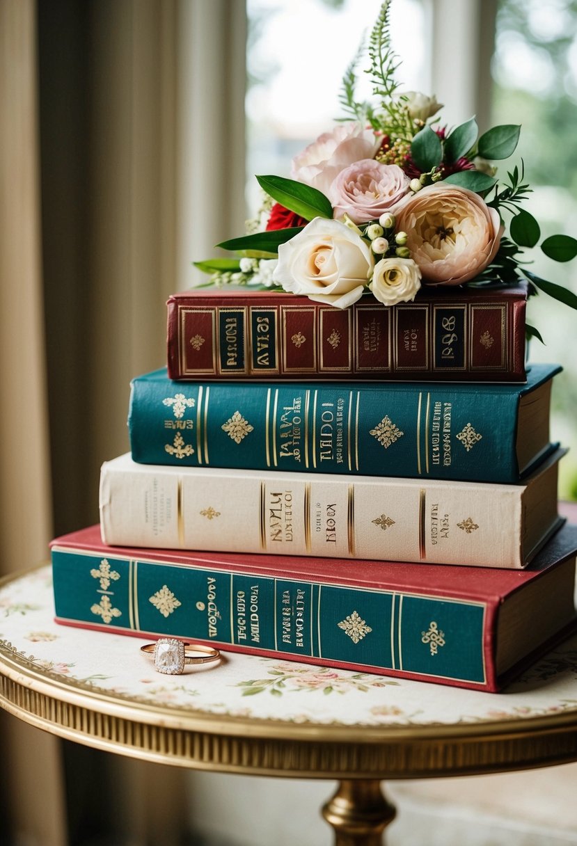 Ration books arranged on a vintage table with a wedding ring and floral decor