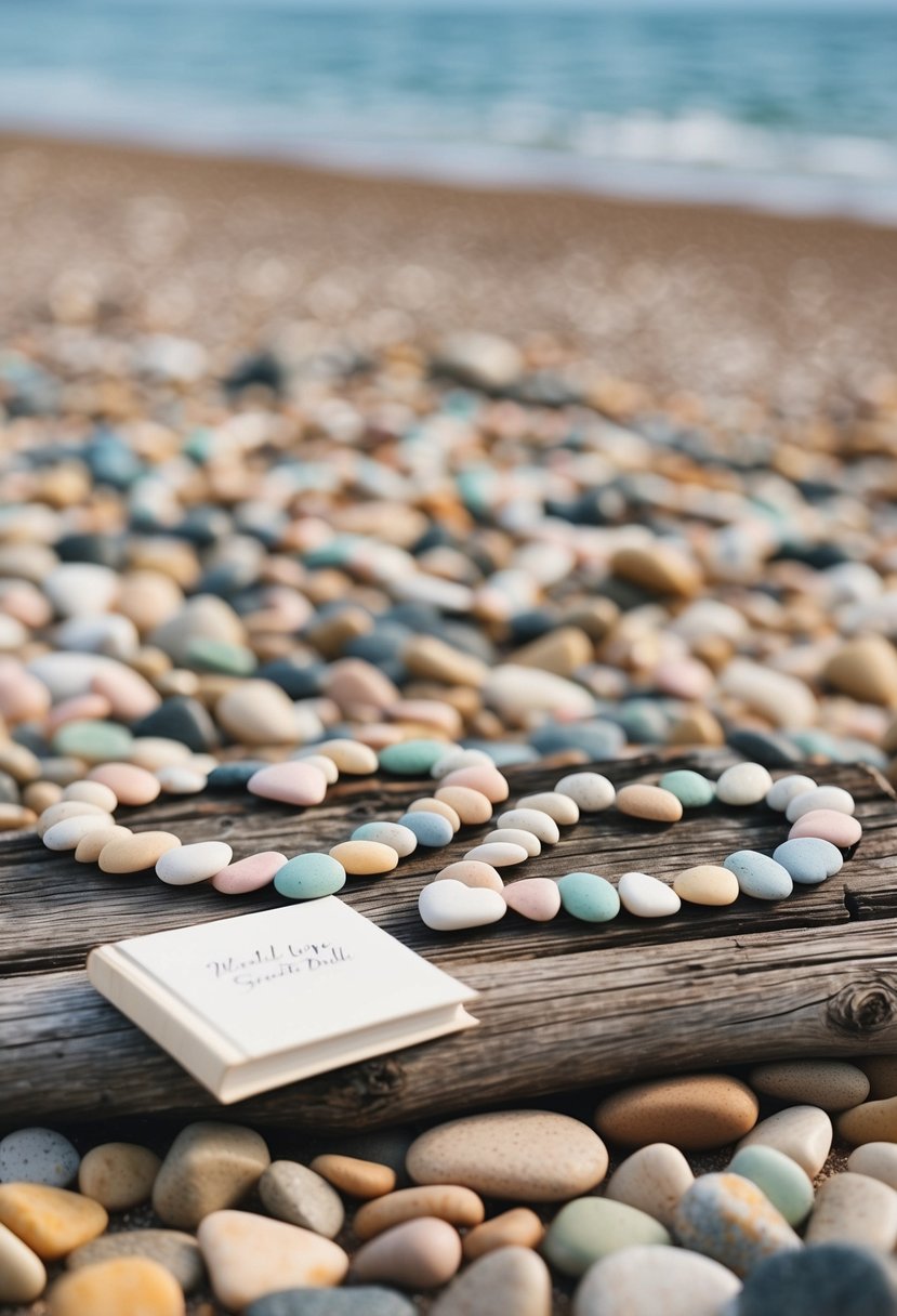 A serene beach with colorful pebbles arranged in heart shapes and a wedding guest book placed on a driftwood table