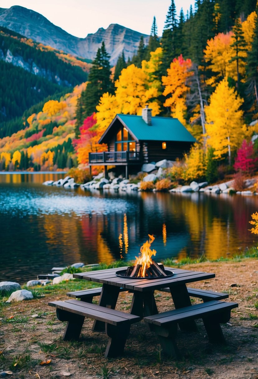 A cozy cabin nestled in the mountains, surrounded by colorful autumn foliage and a serene lake, with a crackling fire pit and a picnic table set for two