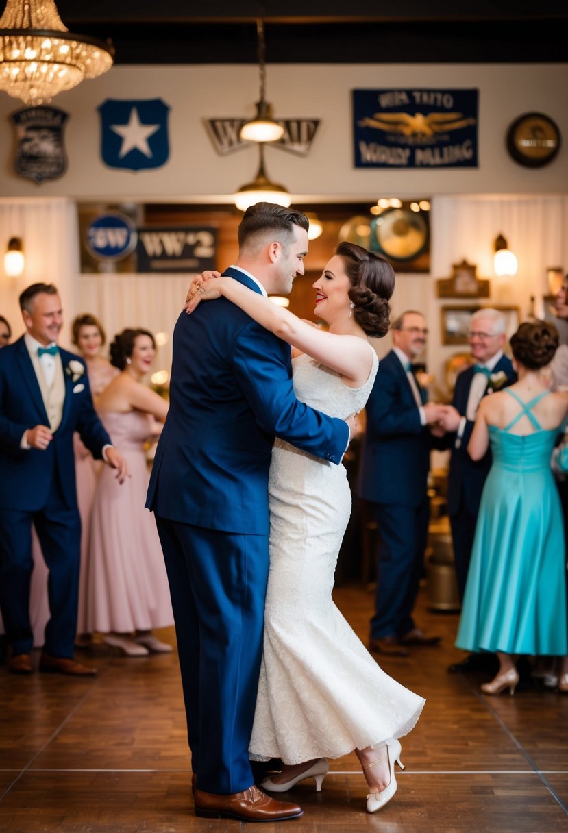 A couple dances to vintage 1940s big band music at a WW2-themed wedding, surrounded by retro decor and memorabilia