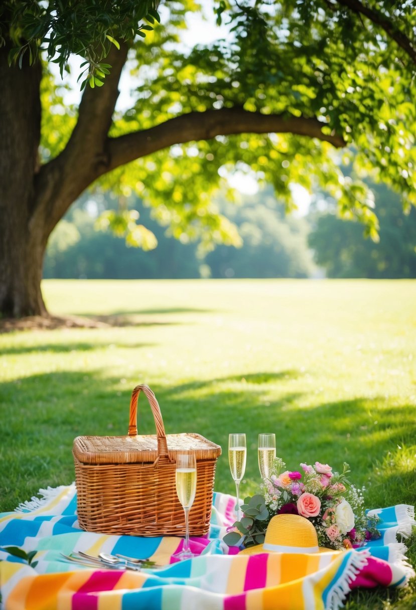 A colorful picnic blanket spread under a lush, shady tree with a wicker basket, champagne glasses, and a bouquet of flowers