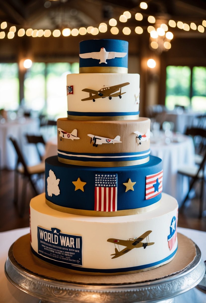 A three-tiered wedding cake adorned with painted cardboard decorations inspired by World War II themes, such as vintage airplanes, war posters, and patriotic symbols