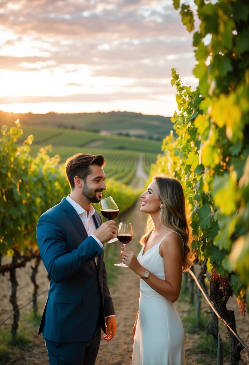 A couple sipping wine at a vineyard, surrounded by rolling hills and grapevines under a golden sunset