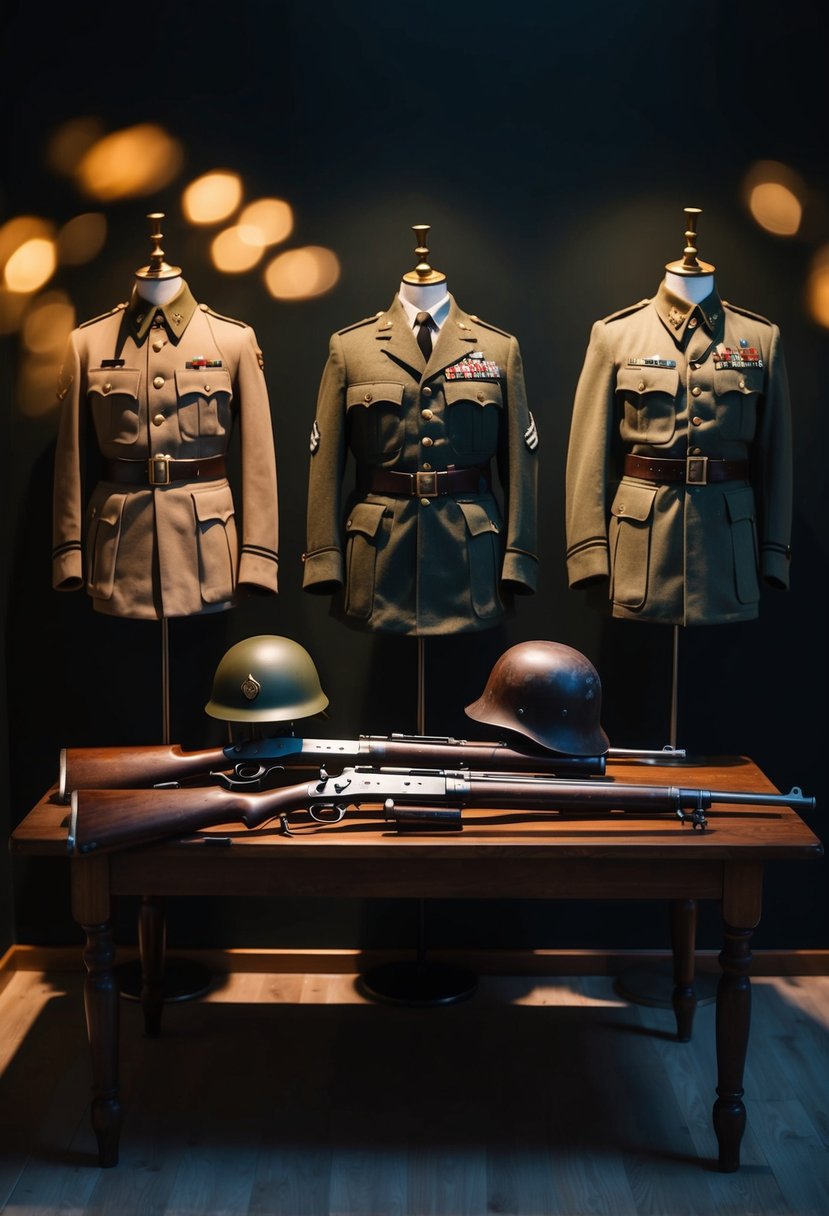 Vintage military uniforms displayed on mannequins in a dimly lit room, with antique rifles and helmets on a wooden table