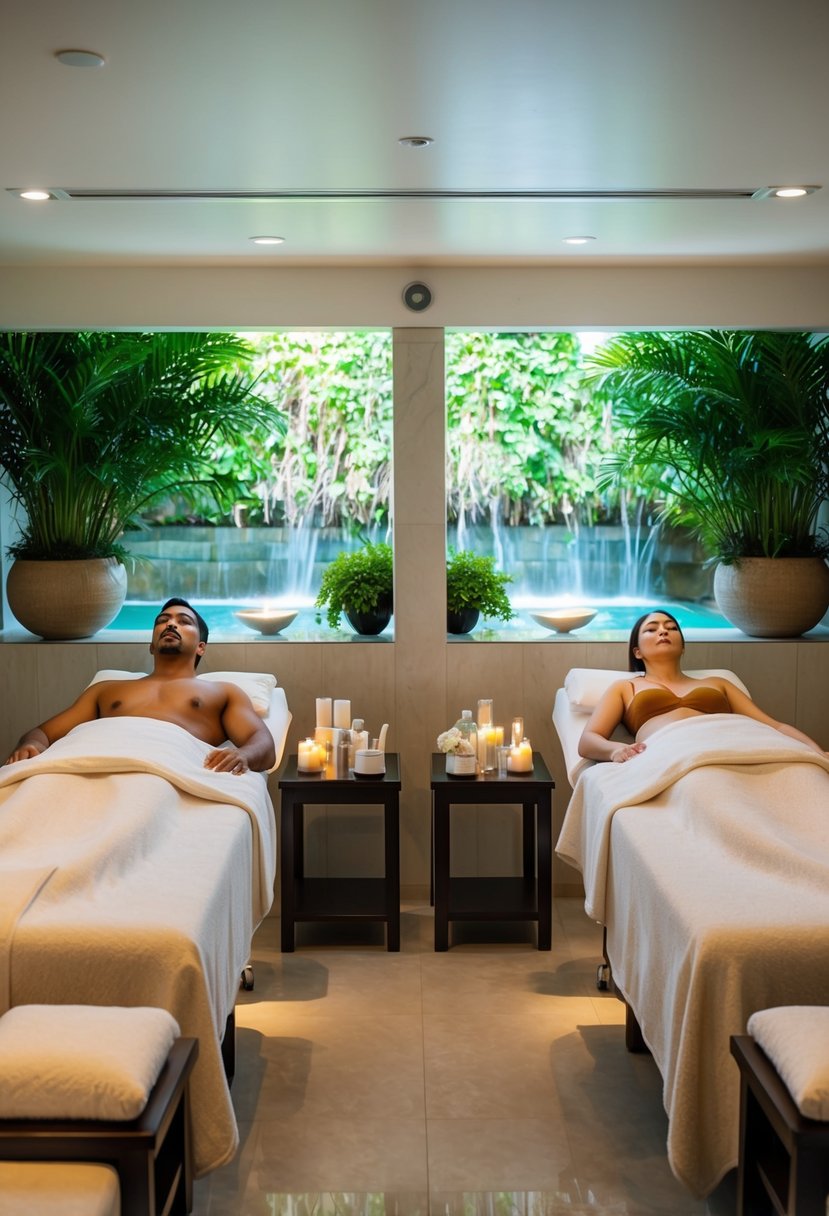 A serene spa setting with two massage tables, soft lighting, and relaxing music. A couple enjoys side-by-side treatments, surrounded by lush greenery and soothing water features