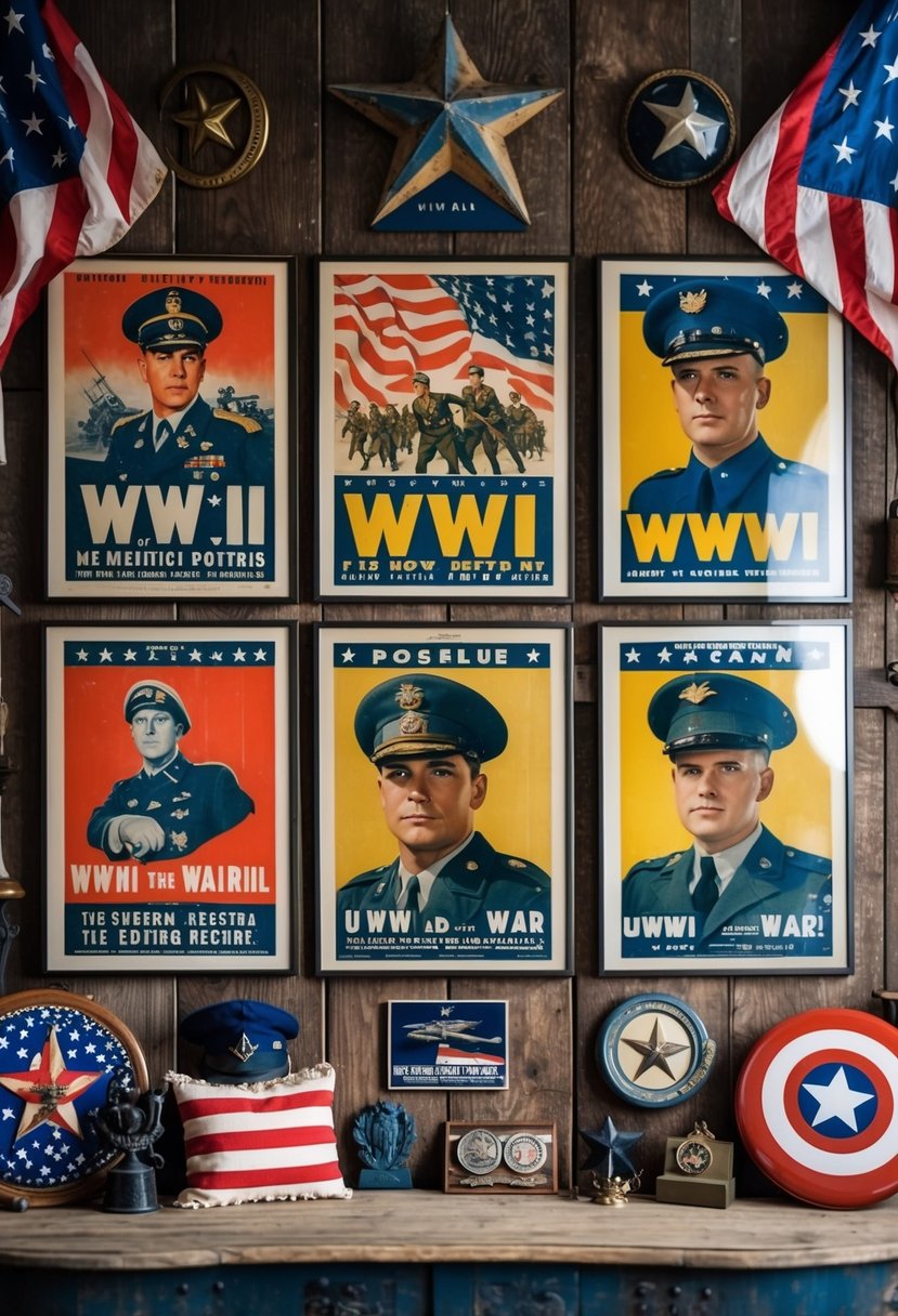 A vintage WWII era war poster collection displayed on a rustic wooden wall, surrounded by patriotic memorabilia and military-themed decor