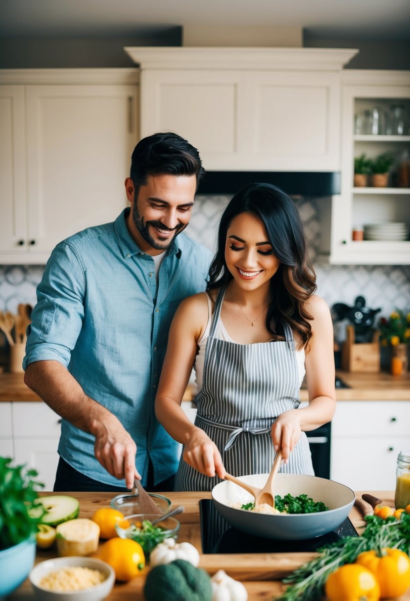 A couple cooks together in a cozy kitchen, surrounded by fresh ingredients and cooking utensils. They are smiling and working together to create a new recipe for their 6th wedding anniversary