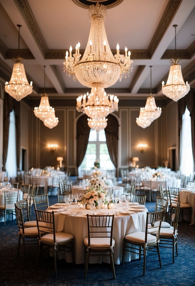 A grand ballroom with vintage decor, chandeliers, and elegant furniture, evoking the ambiance of a 1940s WW2 wedding