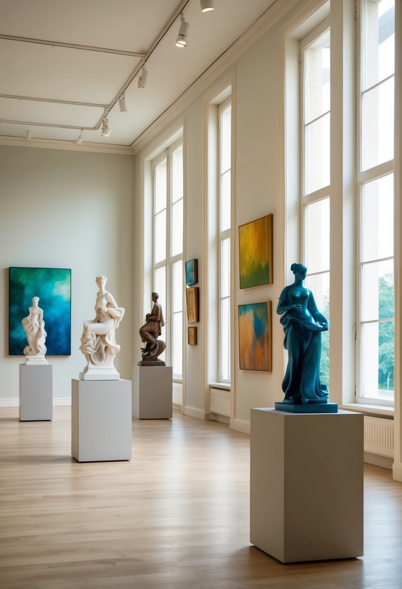 A serene art gallery with elegant sculptures and colorful paintings, bathed in soft natural light filtering through large windows