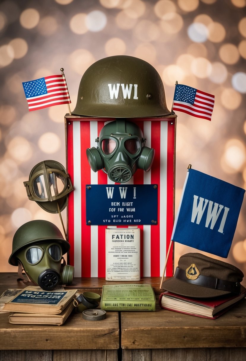 A vintage photo booth with WWII-themed props such as helmets, gas masks, ration books, and patriotic flags