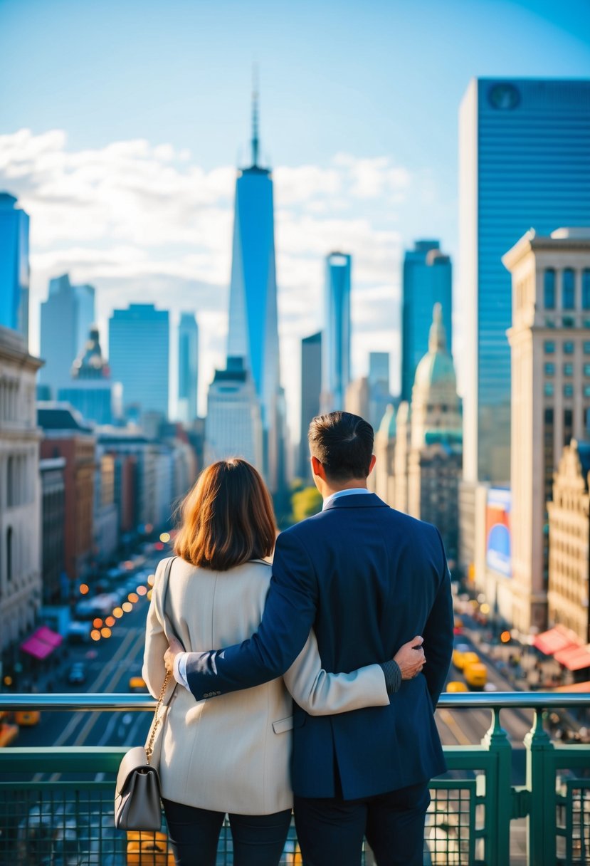 A couple admires the skyline of a bustling city, surrounded by iconic landmarks and vibrant streets