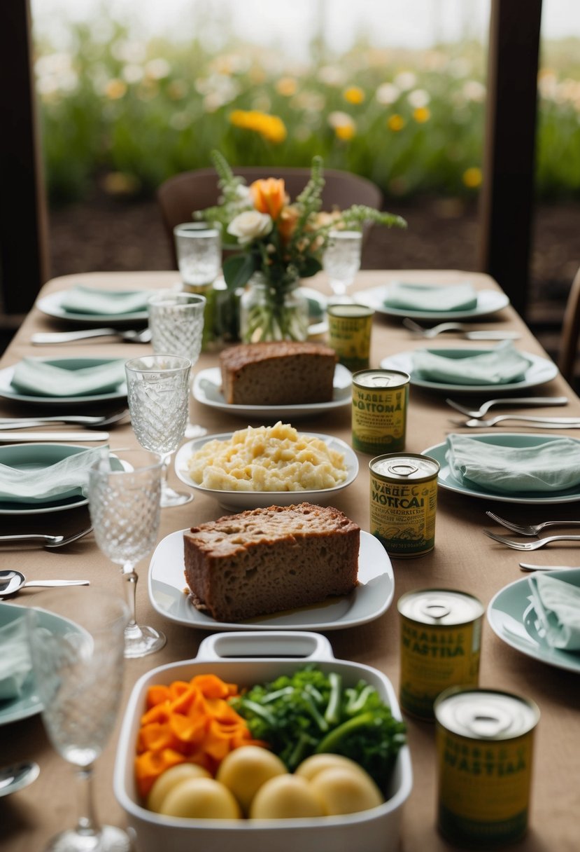 A table set with rationed wartime dishes, such as meatloaf, mashed potatoes, and canned vegetables, with a simple floral centerpiece