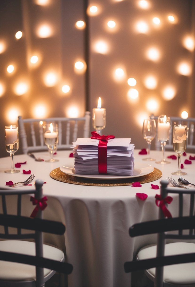 A table set with two chairs, surrounded by flickering candlelight and scattered rose petals. A stack of love letters tied with ribbon sits in the center