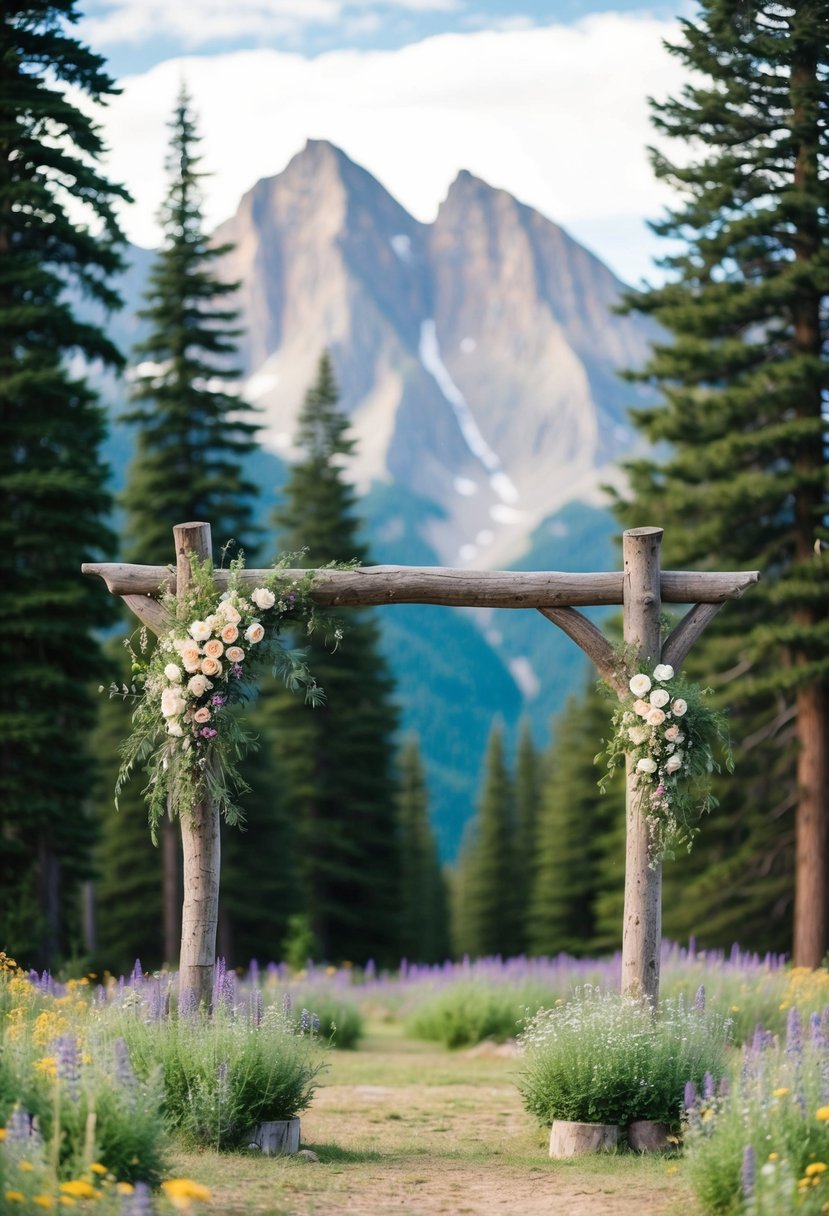 A serene mountain setting with a rustic wooden arch adorned with wildflowers, surrounded by towering pine trees and a backdrop of majestic peaks