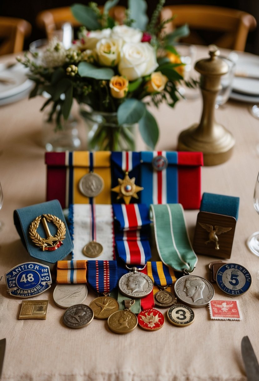 A table adorned with ww2 medals, ration stamps, and vintage war memorabilia for a wedding