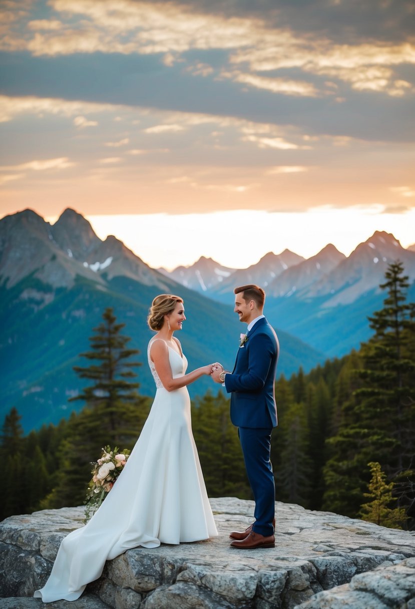 A couple stands on a rocky ledge, exchanging vows with a majestic mountain vista in the background. The sun sets behind the peaks, casting a warm glow over the scene