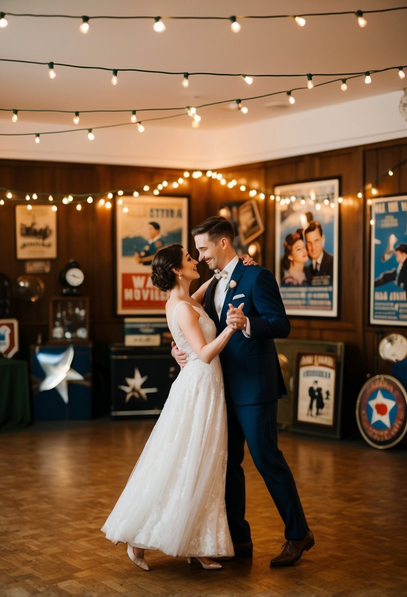 A couple dances under string lights in a vintage-inspired ballroom, surrounded by wartime memorabilia and old movie posters