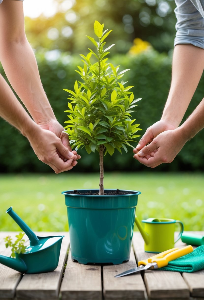 A small tree growing in a pot, with two sets of hands gently tending to it. A watering can and gardening tools are nearby