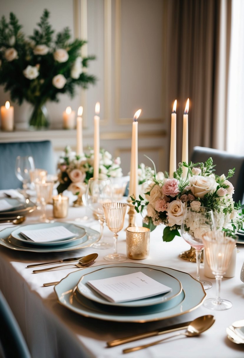 A beautifully set dining table with elegant dinnerware, candles, and a bouquet of flowers