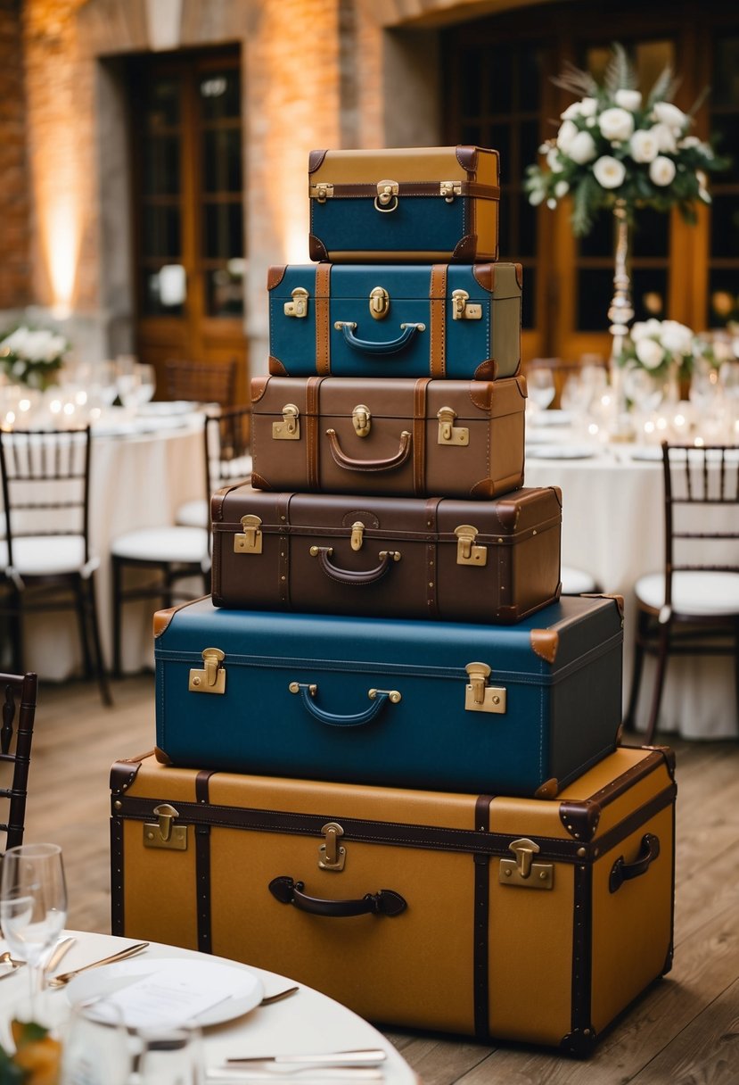 Vintage suitcases and trunks stacked as card and gift tables at a WW2-themed wedding