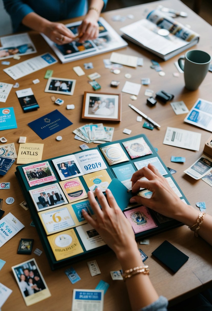 A table scattered with photos, ticket stubs, and mementos. A pair of hands cutting and pasting, creating a personalized scrapbook for a 6th wedding anniversary