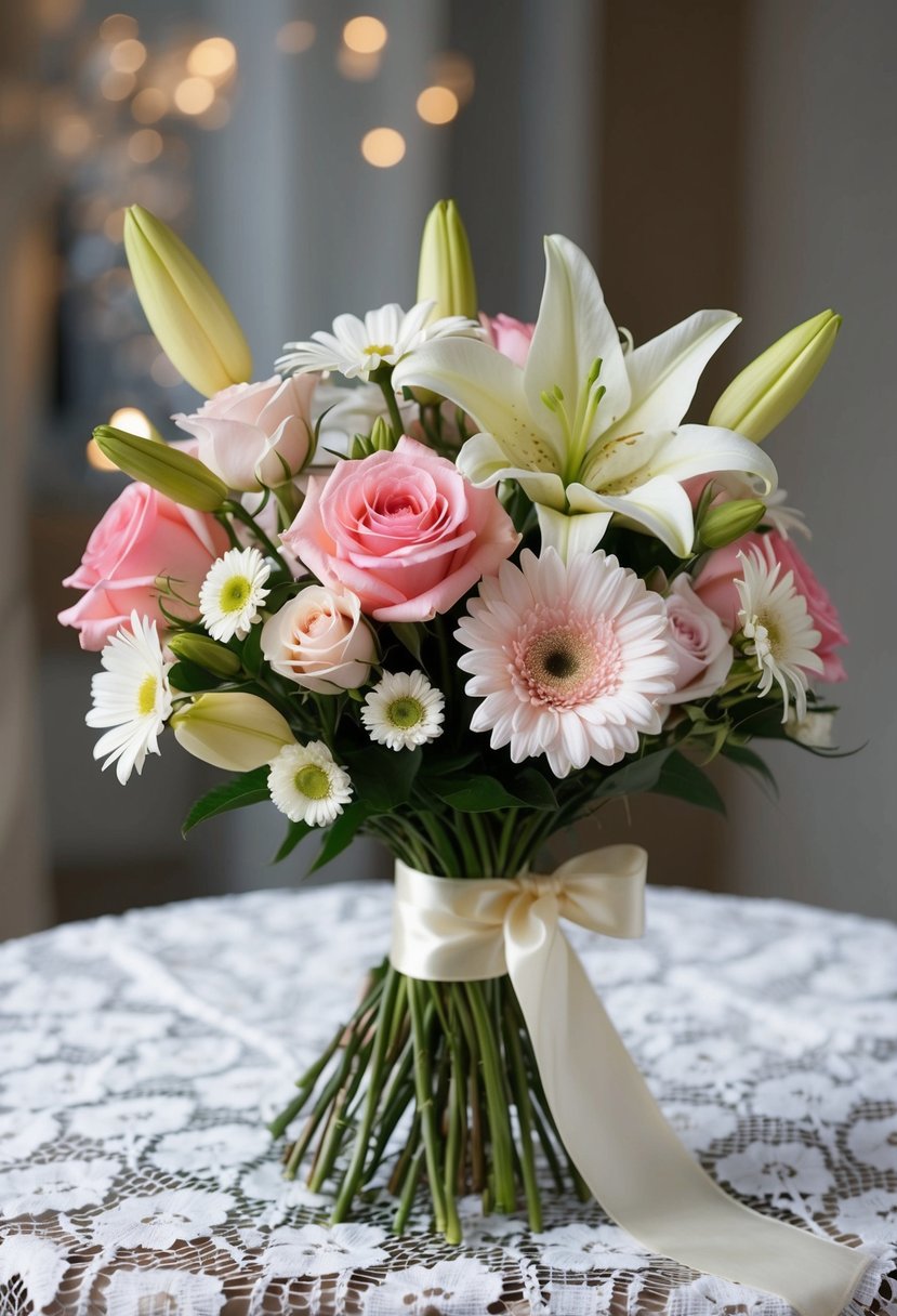 A bouquet of delicate roses, daisies, and lilies, tied with a satin ribbon, sits on a lace-covered table