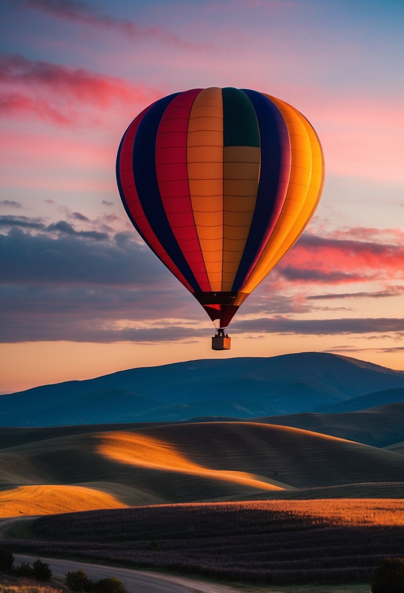 A colorful hot air balloon floats above rolling hills at sunset