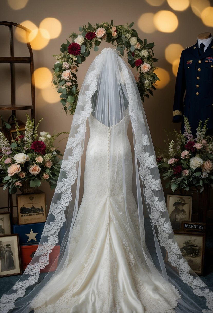 An antique lace veil drapes over a vintage wedding gown, surrounded by wartime memorabilia and floral arrangements