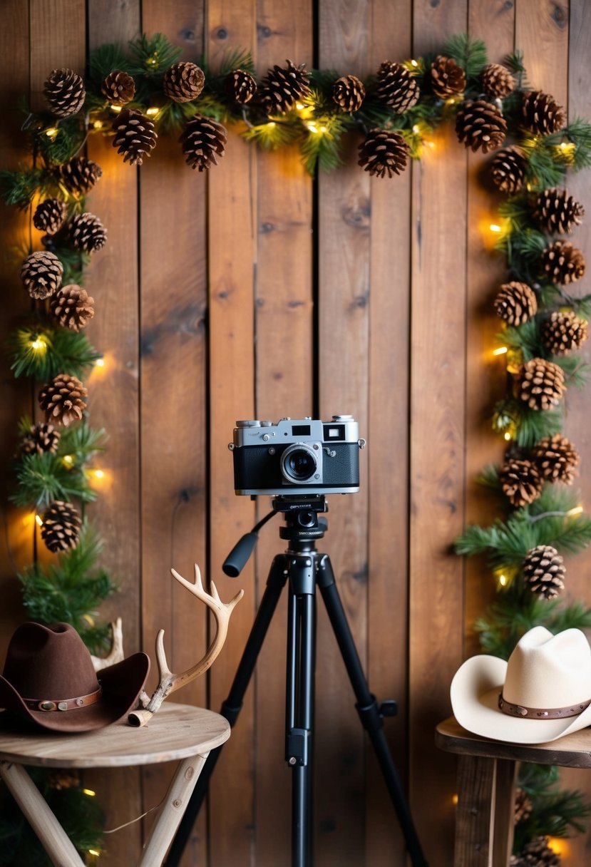 A wooden backdrop adorned with pinecones and fairy lights, a vintage camera on a tripod, and a table with props like cowboy hats and antlers