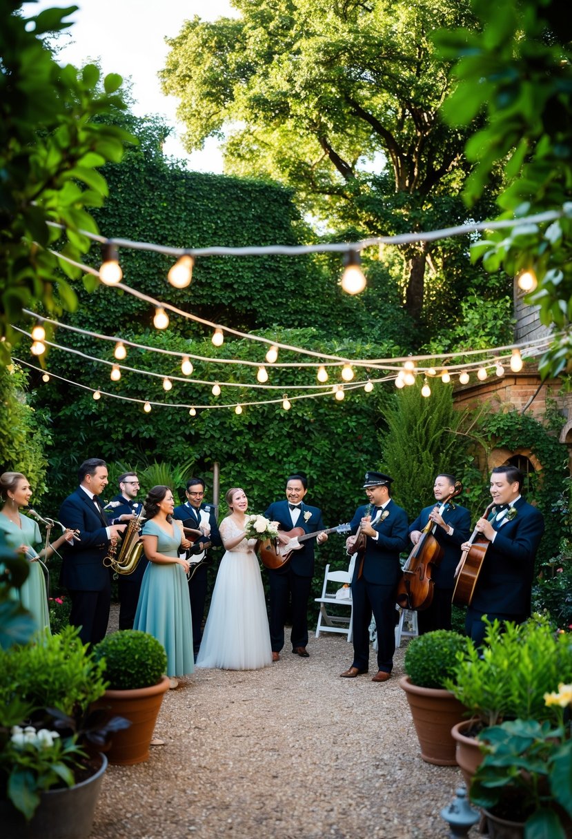 A lush garden with vintage decor, string lights, and a small band playing music for a WWII-themed wedding