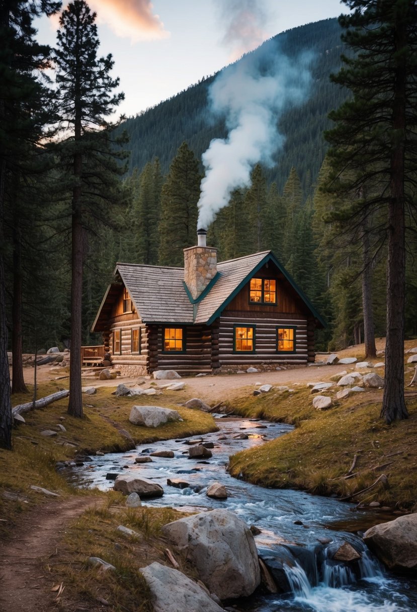 A rustic cabin nestled in a mountain clearing, surrounded by tall pine trees and a bubbling stream. Smoke rises from the chimney, and a warm glow emanates from the windows