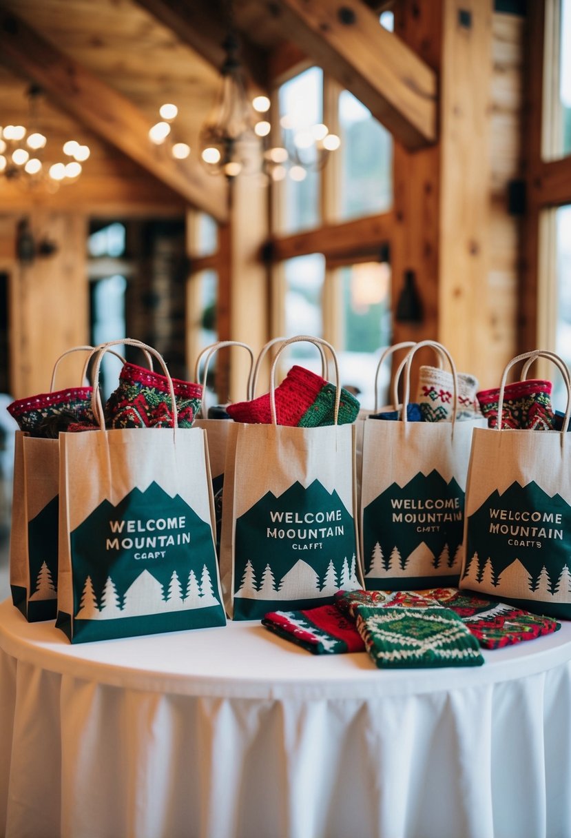 A table displays welcome bags filled with handmade mountain crafts