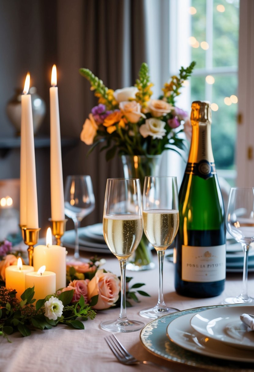 A cozy dinner setting with a table adorned with candles, flowers, and elegant tableware. A bottle of champagne and two glasses sit ready for a toast