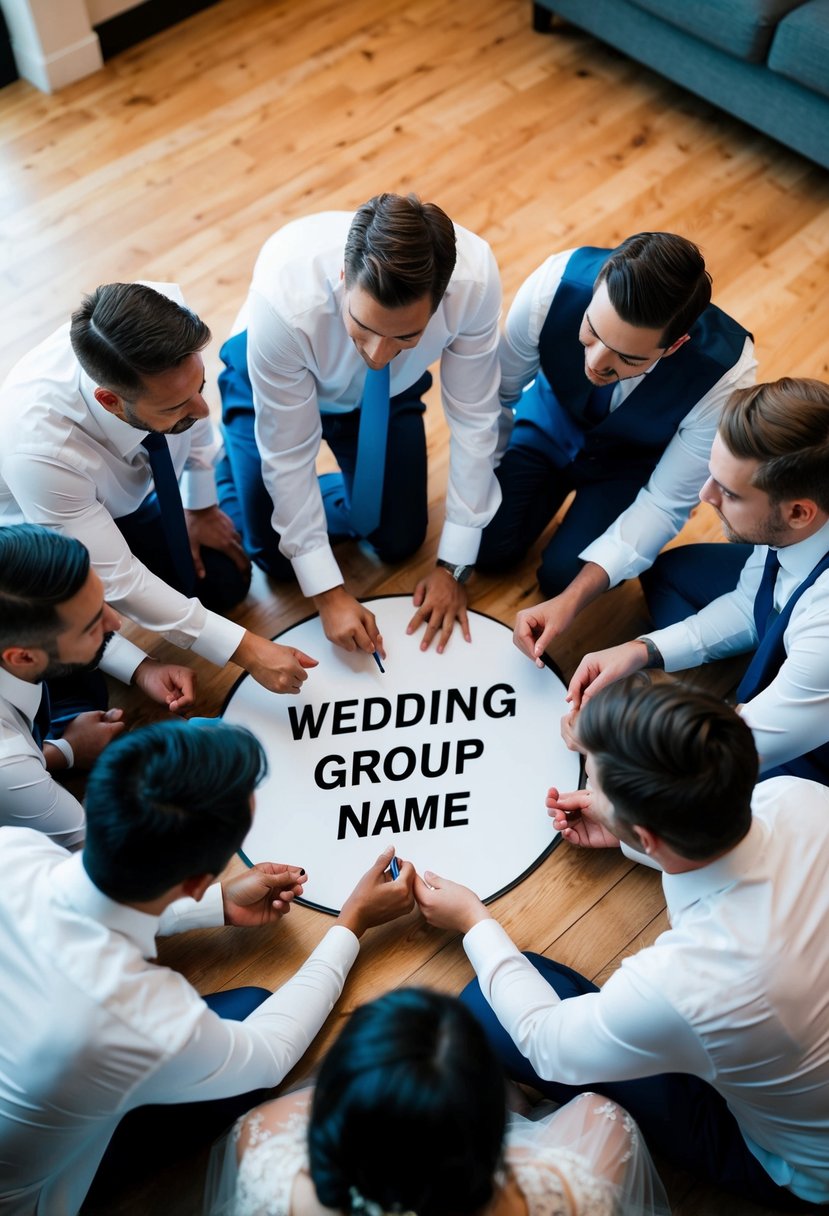 A group of wedding guests gathered in a circle, brainstorming and discussing ideas for their wedding group name