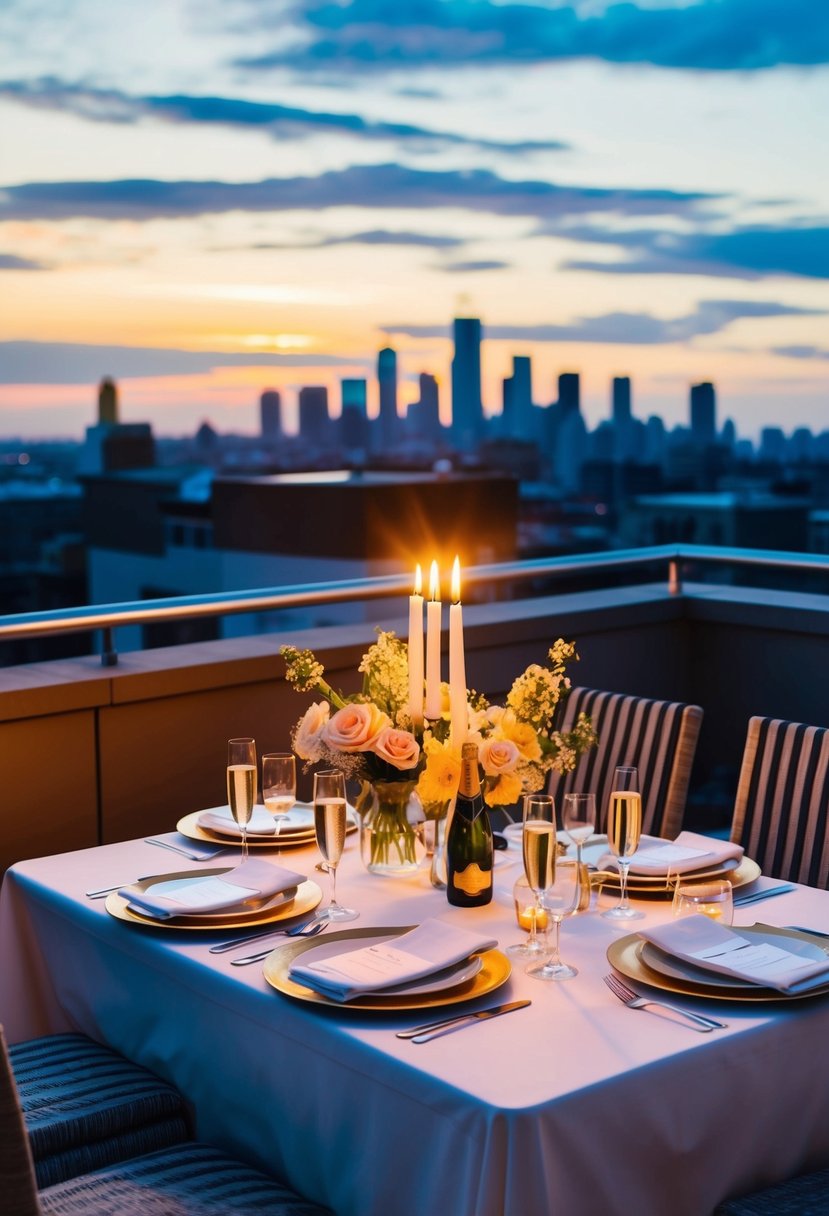 A candlelit dinner table set with flowers and champagne on a rooftop at sunset overlooking a city skyline