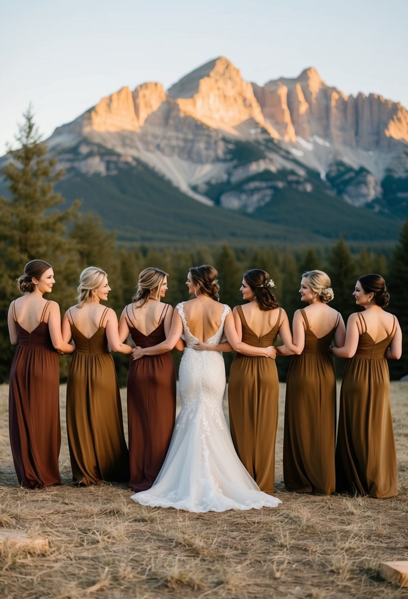 Bridesmaids in earthy-toned dresses stand against a mountain backdrop at a rustic wedding ceremony