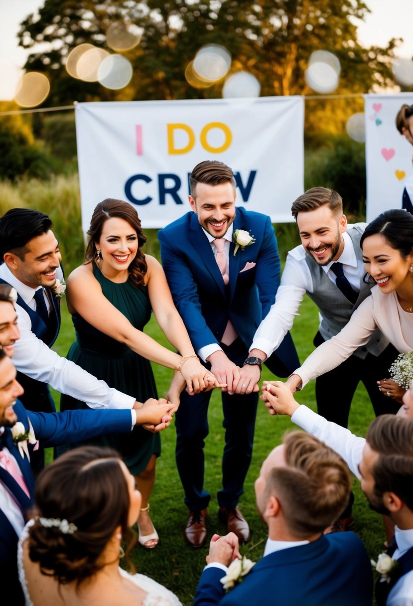 A group of joyful wedding attendees gather in a circle, holding hands and smiling, with a banner reading "I Do Crew" in the background