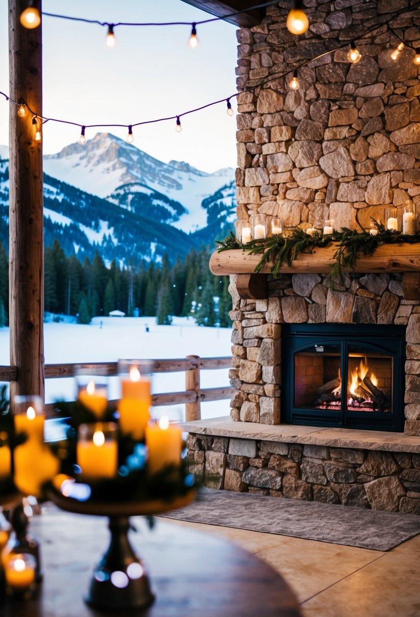 A cozy ski lodge reception with a crackling fireplace, snow-covered mountains outside, and warm string lights creating a romantic atmosphere