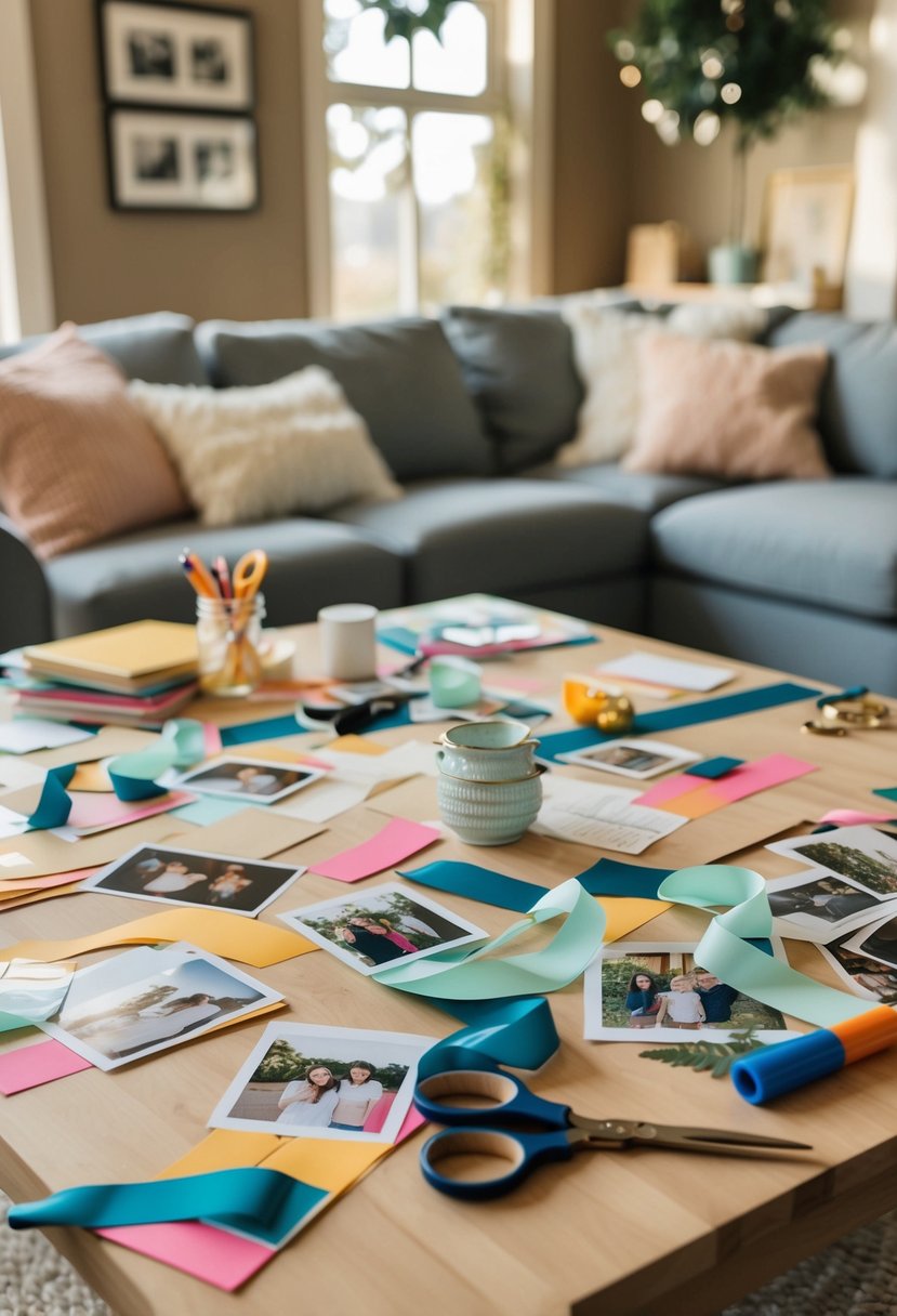 A cozy living room with a table covered in photos, ribbons, and decorative paper. A pair of scissors, glue, and markers are scattered around