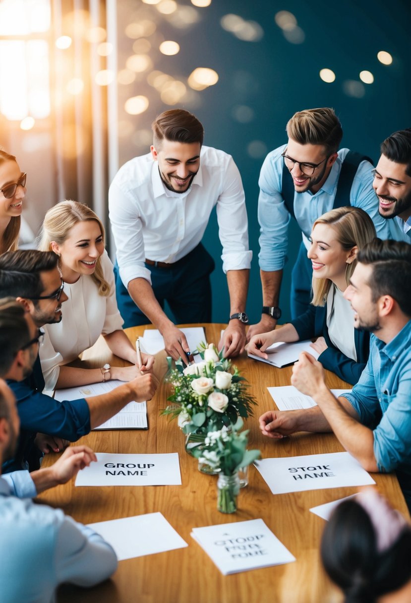 A group of friends gather around a table, discussing and brainstorming ideas for their wedding group name. Laughter and excitement fill the air as they share their suggestions and thoughts