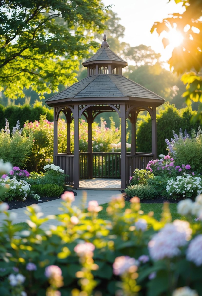 A serene garden with a charming gazebo, surrounded by blooming flowers and lush greenery, bathed in warm sunlight